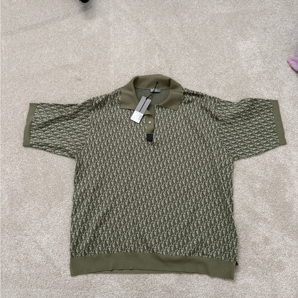 Authentic NWT Dior Oblique Collar Knit Short Sleeve Green 293M832AT396